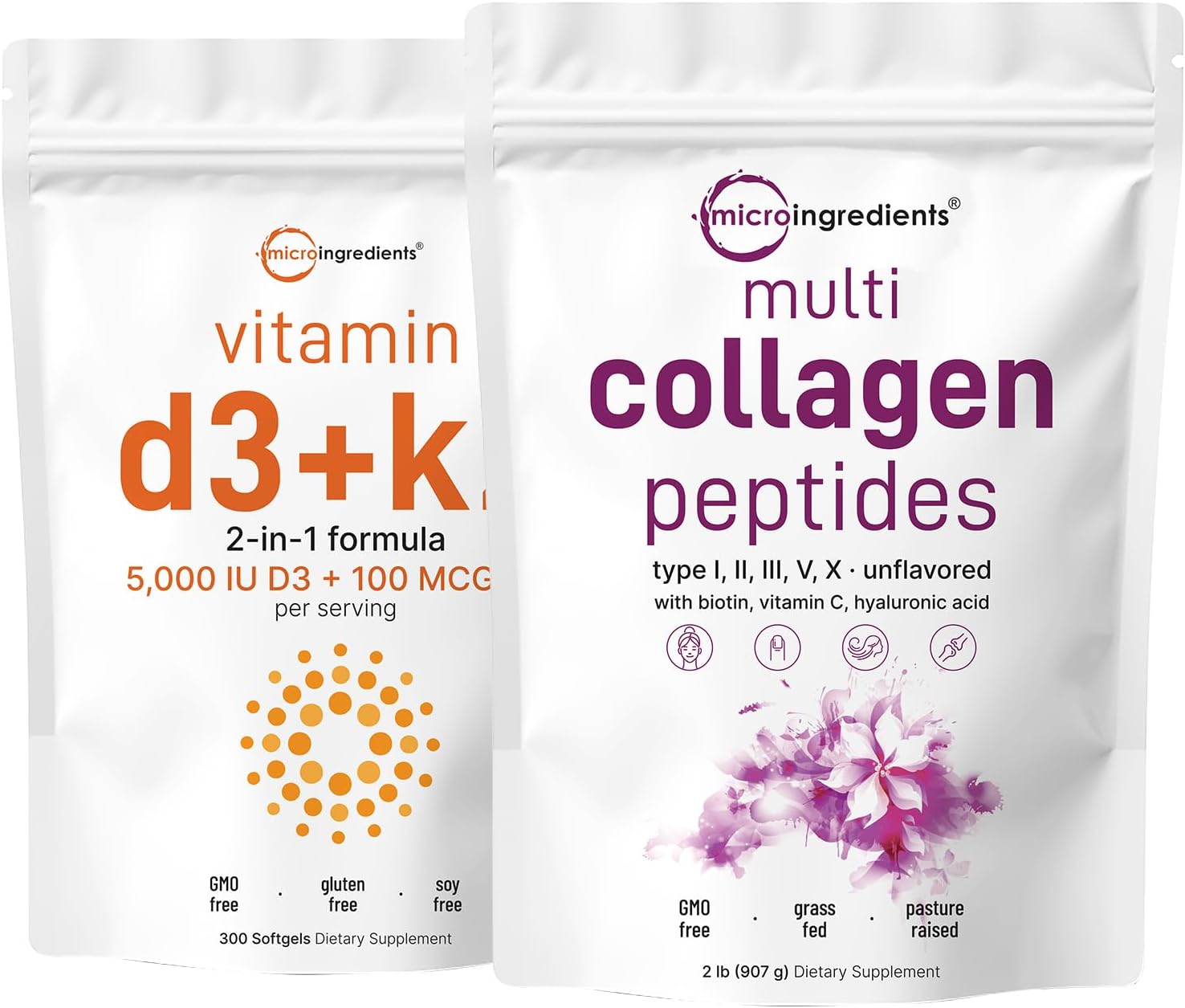 Micro Ingredients Vitamin D3 5,000Iu + K2 100Mcg Softgels & Multi Collagen Protein Powder Bundle 2 Pack | Essential Sunshine Vitamins | Grass-Fed Collagen Peptides