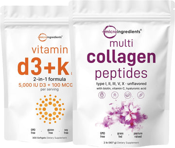 Micro Ingredients Vitamin D3 5,000Iu + K2 100Mcg Softgels & Multi Collagen Protein Powder Bundle 2 Pack | Essential Sunshine Vitamins | Grass-Fed Collagen Peptides
