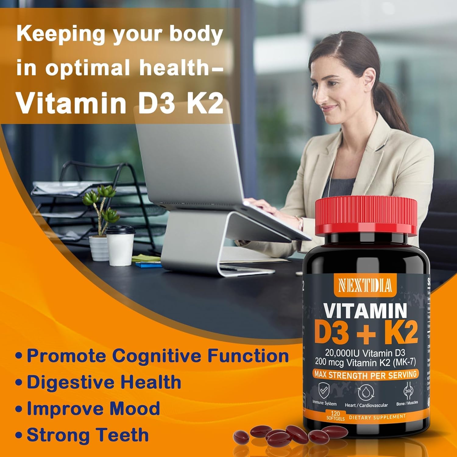 Vitamin D3 20,000 IU + K2( MK7 ) 200mcg - Optimal Vitamin D3 & K2-Support Strong Bones & Muscle, Calcium Absorption, Teeth & Immune Health, Helping Vitamin D Deficiencies, Easy to Swallow, (Pack of 2) : Health & Household