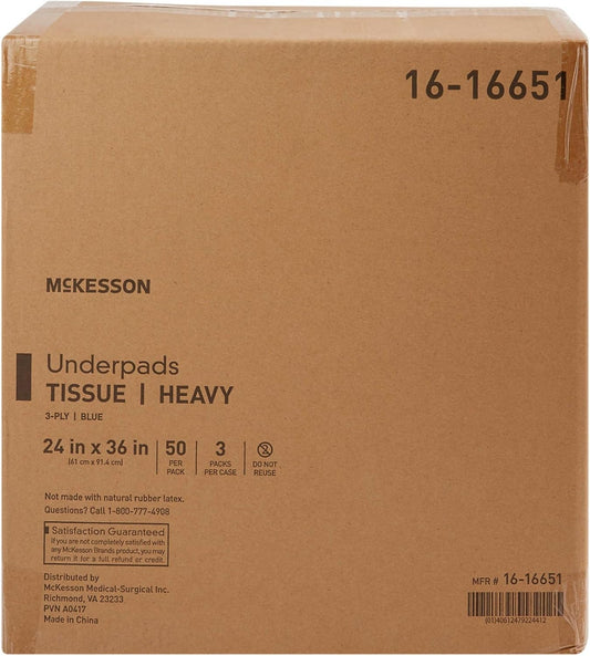 Mckesson Underpads, Tissue, Heavy, 3-Ply, Blue, 24 In X 36 In, 150 Count