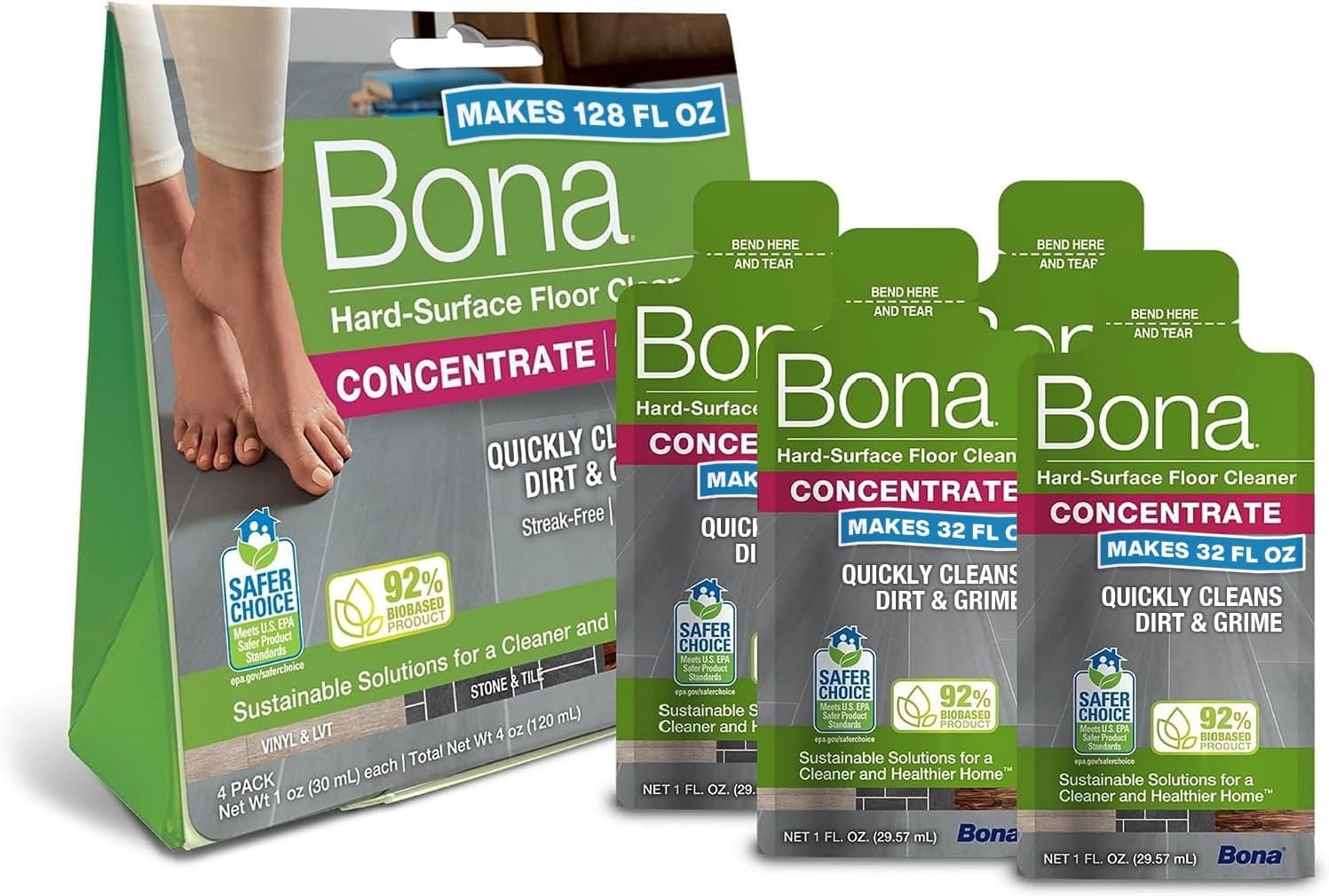 Bona Multi-Surface Floor Cleaner Concentrate, Unscented, 1 fl oz, Pack of 4 (Makes 128 fl oz) Spray Mop and Spray Bottle Refill - For Use of Stone, Tile, Laminate, and Vinyl Floors