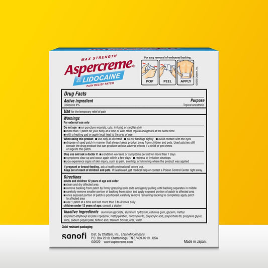 Aspercreme Max Strength Lidocaine Pain Relief Patch (5 Count) For Back Pain, Odor Free Pain Patches