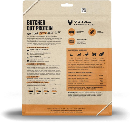 Vital Essentials Freeze Dried Cat Food, Raw Pork Mini Patties Entree 8 Oz