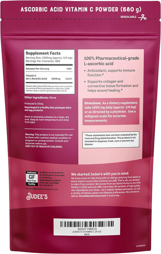 Judee?s Pure Vitamin C Powder 1.5lb (24oz) - 100% Non-GMO, Gluten-Free and Nut-Free - (L - Ascorbic Acid) - Immune Support & Antioxidant Supplement - No Fillers - for Cosmetics and Preserving Foods