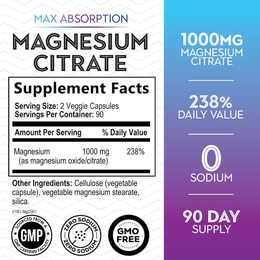 Magnesium Citrate Extra Strength 1000 Mg - High Absorption Magnesium Supplement For Muscle, Bone, Nerve & Heart Health Support, Magnesio Vitamin Pills, Non-Gmo, Nature'S Premium Formula - 180 Capsules