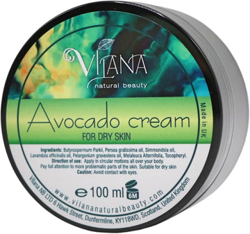 Vilana Avocado Cream for Dry Skin 100% Natural Vegan Body Cream, Sulphate-Free Body Lotion, Replenishing Multipurpose Cream for Extra Dry Skin & Damaged Skin, With Hydrating Essential Oils,100ml