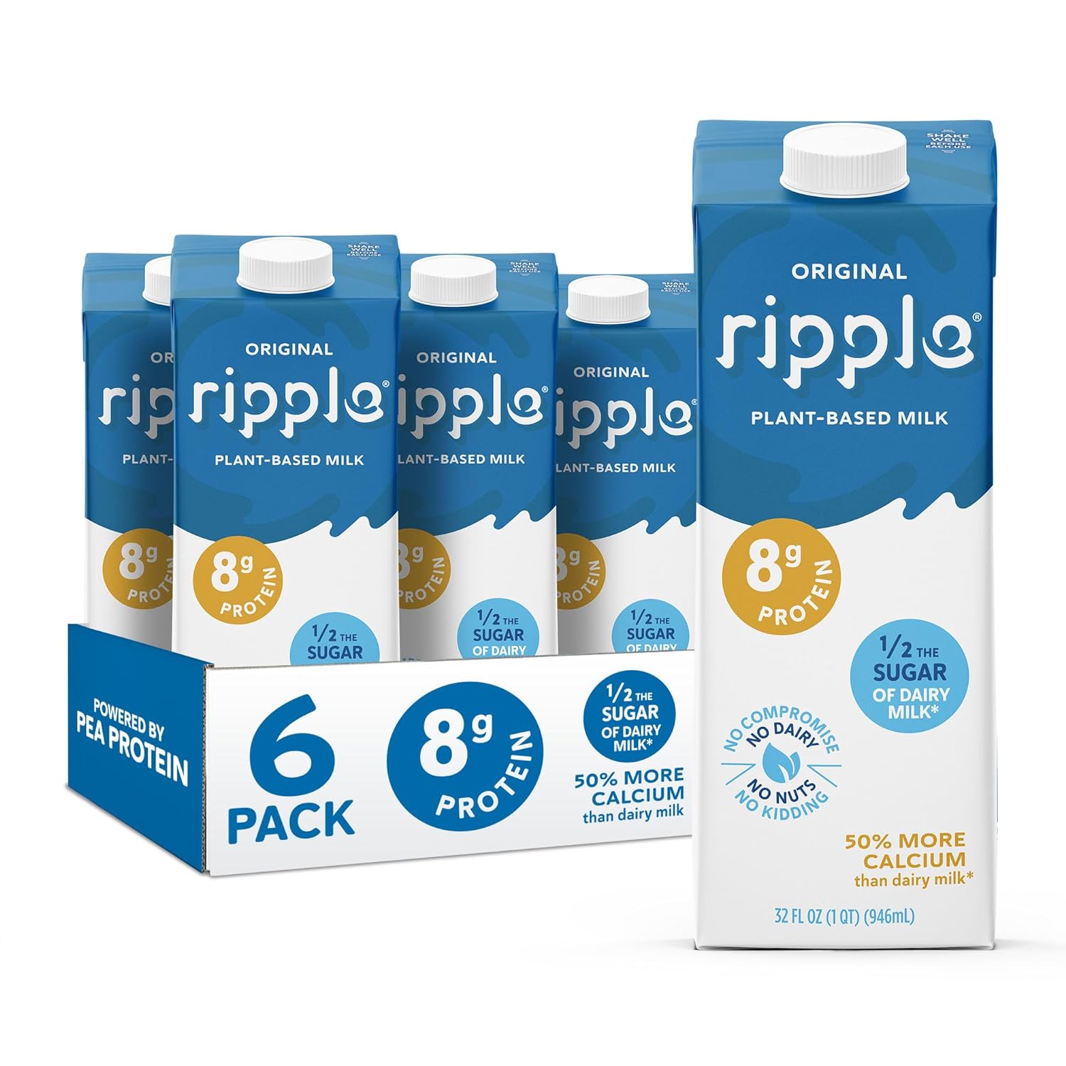 Ripple Original Plant Based Milk | 8G Of Quality Sourced Pea Protein, Calcium Rich | Shelf Stable | Vegan & Non Gmo Certified | Dairy, Soy, Nut, Gluten, & Lactose Free | 32 Fl Oz Cartons (Pack Of 6)