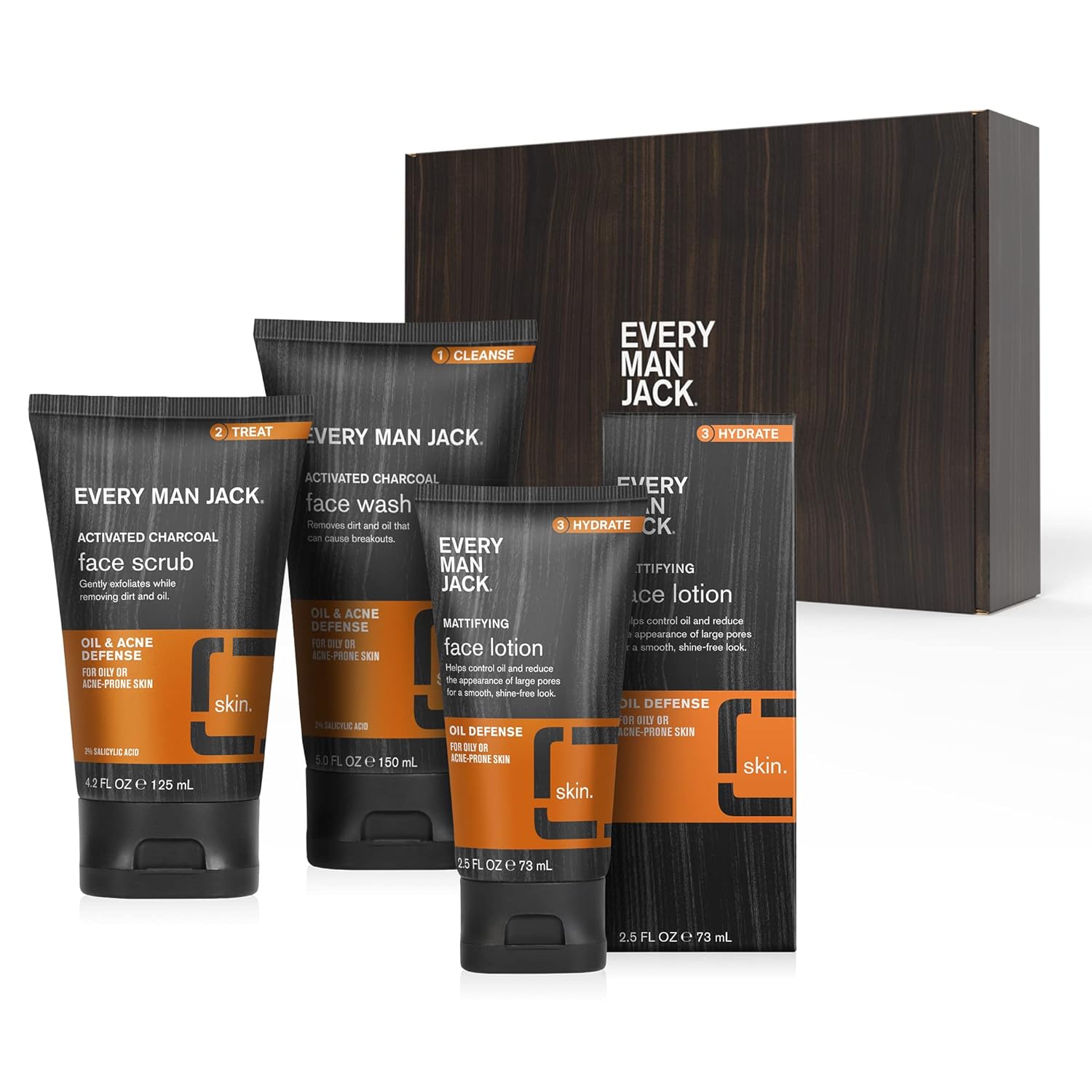 Every Man Jack Oil And Acne Defense Skin Care Set -Three Full-Size, Fragrance Free Skin Care Essentials For A Complete Routine - Activated Charcoal Face Wash, Activated Charcoal Face Scrub, And Mattifying Face Lotion