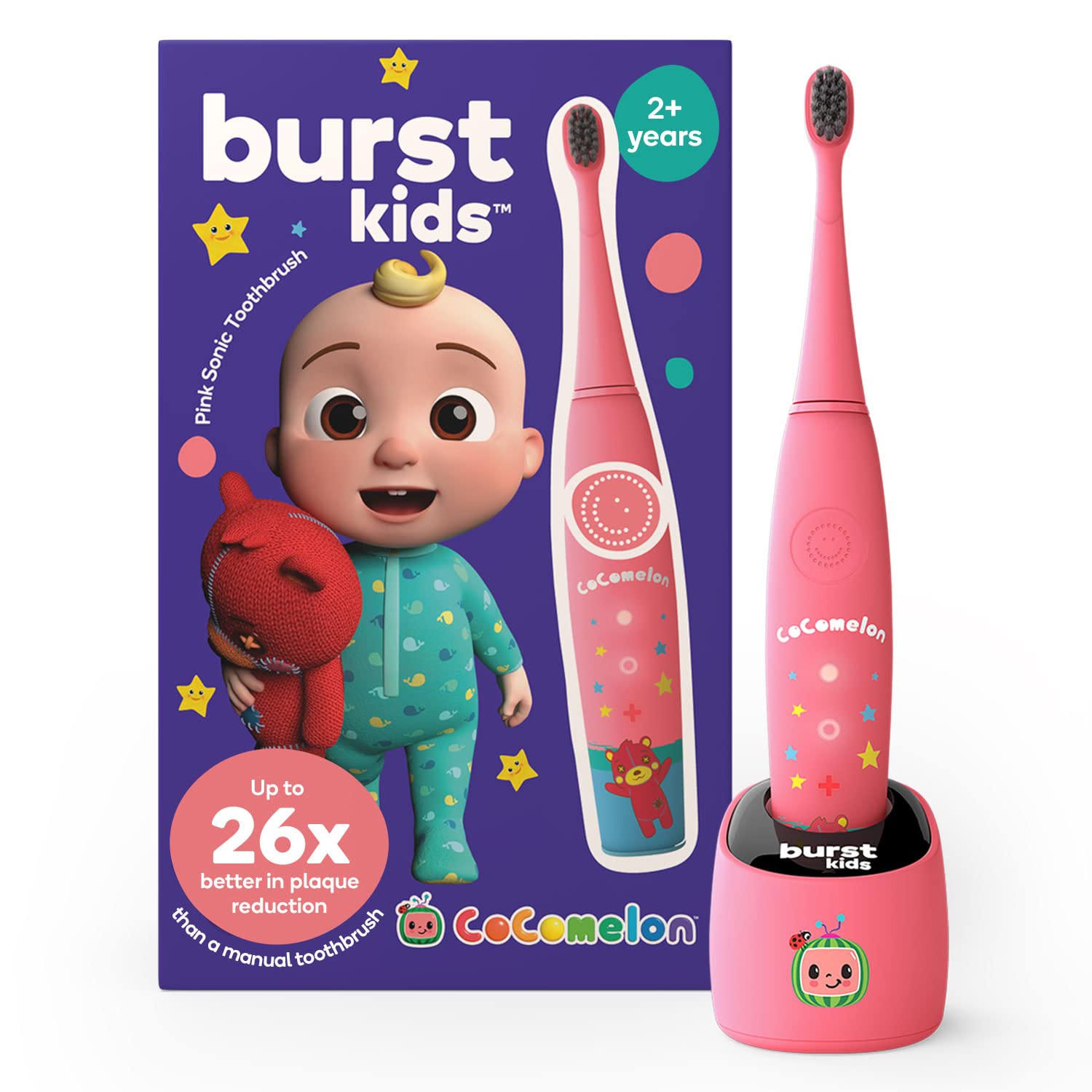 CoComelon x BURSTkids Kids Electric Toothbrush, Soft Bristle Kid & Toddler Toothbrush, 2-Minute Timer, Rechargeable Battery, Easy-Grip Silicone Handle, 2 Brush Modes, Ages 2+, Pink with JJ