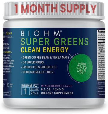 Biohm Super Greens Clean Energy, Green Superfood Powder (8.5 Oz, 30 Servings) Supports Gut Health & Cognition, 34 Natural Fruit, Vegetable & Herbal Extracts With Prebiotics, Probiotics & Enzymes