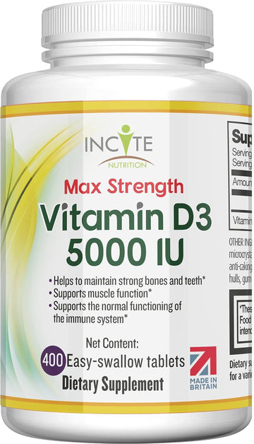 Incite Nutrition Vitamin D 5000 iu - 400 Premium Vitamin D3 Easy-Swallow Micro Tablets - One a Day High Strength Cholecalciferol VIT D3 5000iu - Vegetarian Supplement - Made in The UK