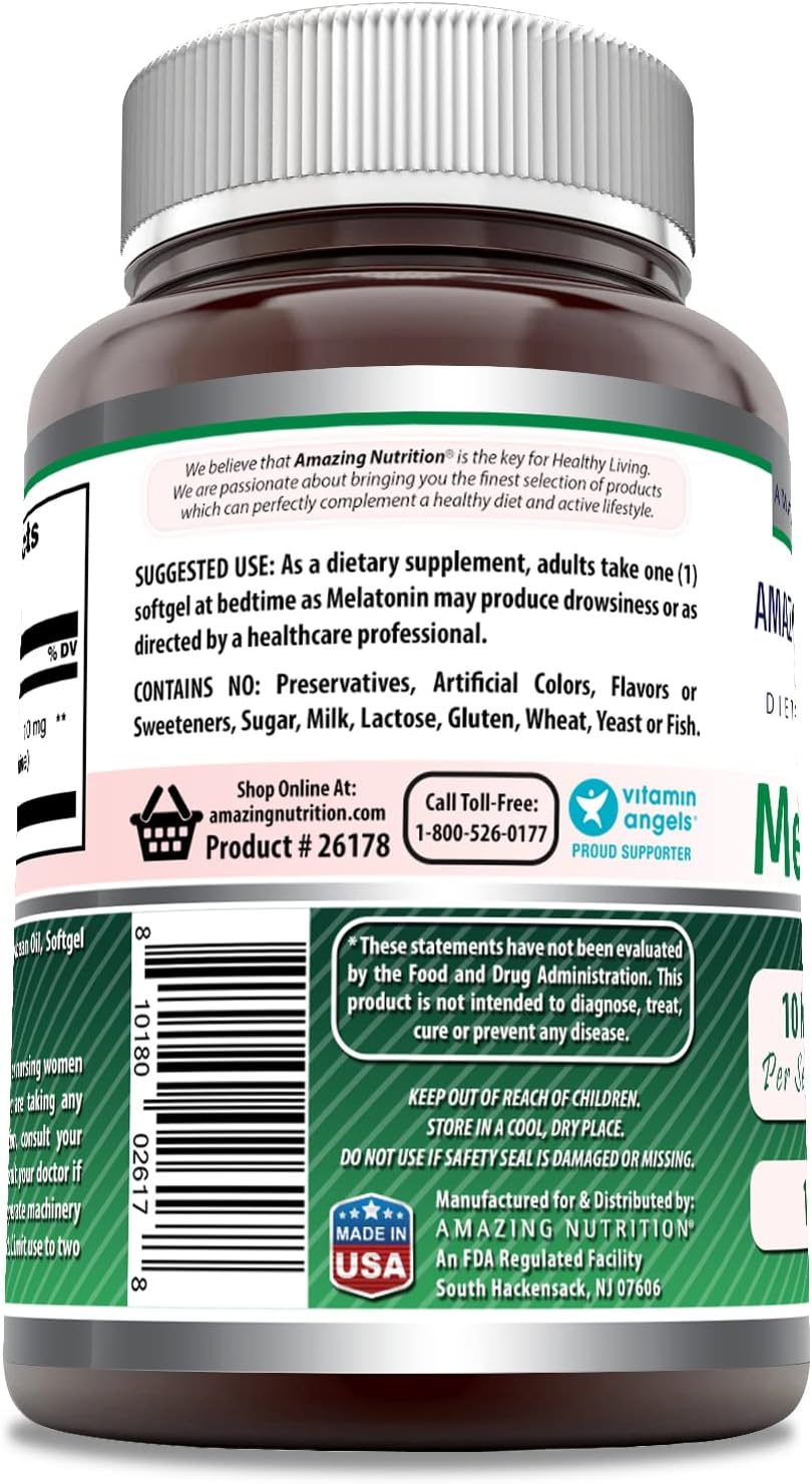 Amazing Nutrition Melatonin 10mg Softgels Supplement | Non-GMO | Gluten Free | Made in USA (120 Count)