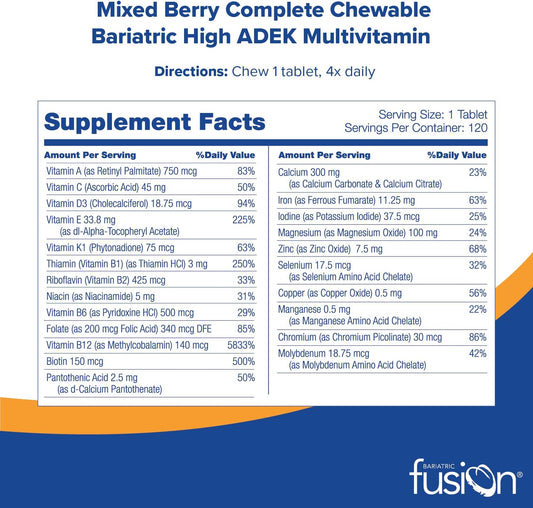 Bariatric Fusion Chewable Multivitamin With High Adek Vitamins | Multi For Duodenal Switch Patients | Mixed Berry Flavored Tablets | With Iron And Calcium | One Month Supply