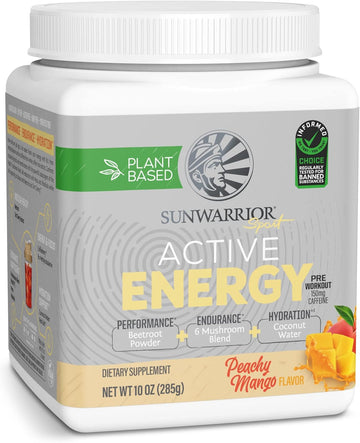 Sunwarrior Plant-Based Preworkout Powder Hydration Blend | Coconut Water Mushroom Blend Soy Free Sugar Free Gluten Free Dairy Free Synthetic Free | Peach Mango 30 Servings | Sport Active Energy