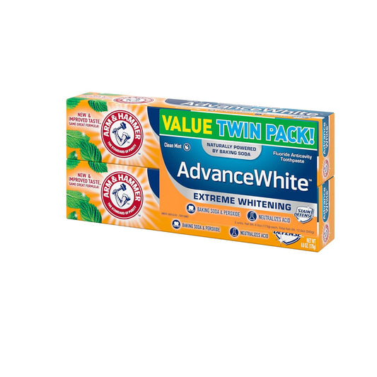 ARM & HAMMER Advanced White Extreme Whitening Toothpaste, TWIN PACK (Contains Two 6oz Tubes) -Clean Mint- Fluoride Toothpaste