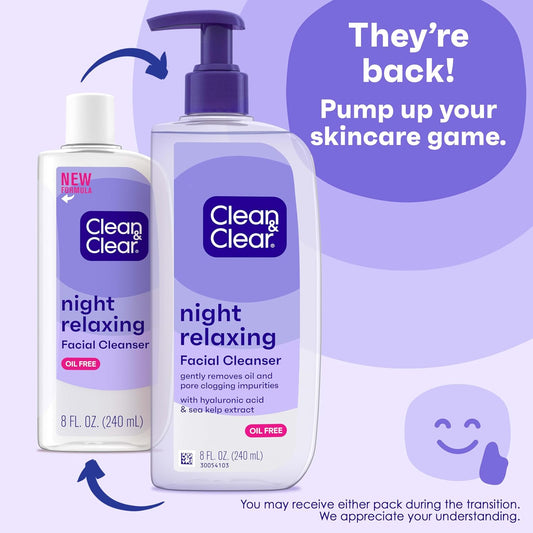 Clean & Clear Night Relaxing Deep Cleaning Oil-Free Face Wash With Deep Sea Minerals, Sea Kelp Extract & Glycerin, Purifying Facial Cleanser For All Skin Types, Non-Comedogenic, 8 Fl Oz, Pack Of 6