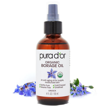 Pura D'Or Organic Borage Seed Oil (4Oz / 118Ml) 100% Pure Usda Certified Premium Grade Natural Moisturizer, Cold Pressed, Unrefined, Hexane-Free Base Carrier Oil For Diy Skin Care For Men & Women