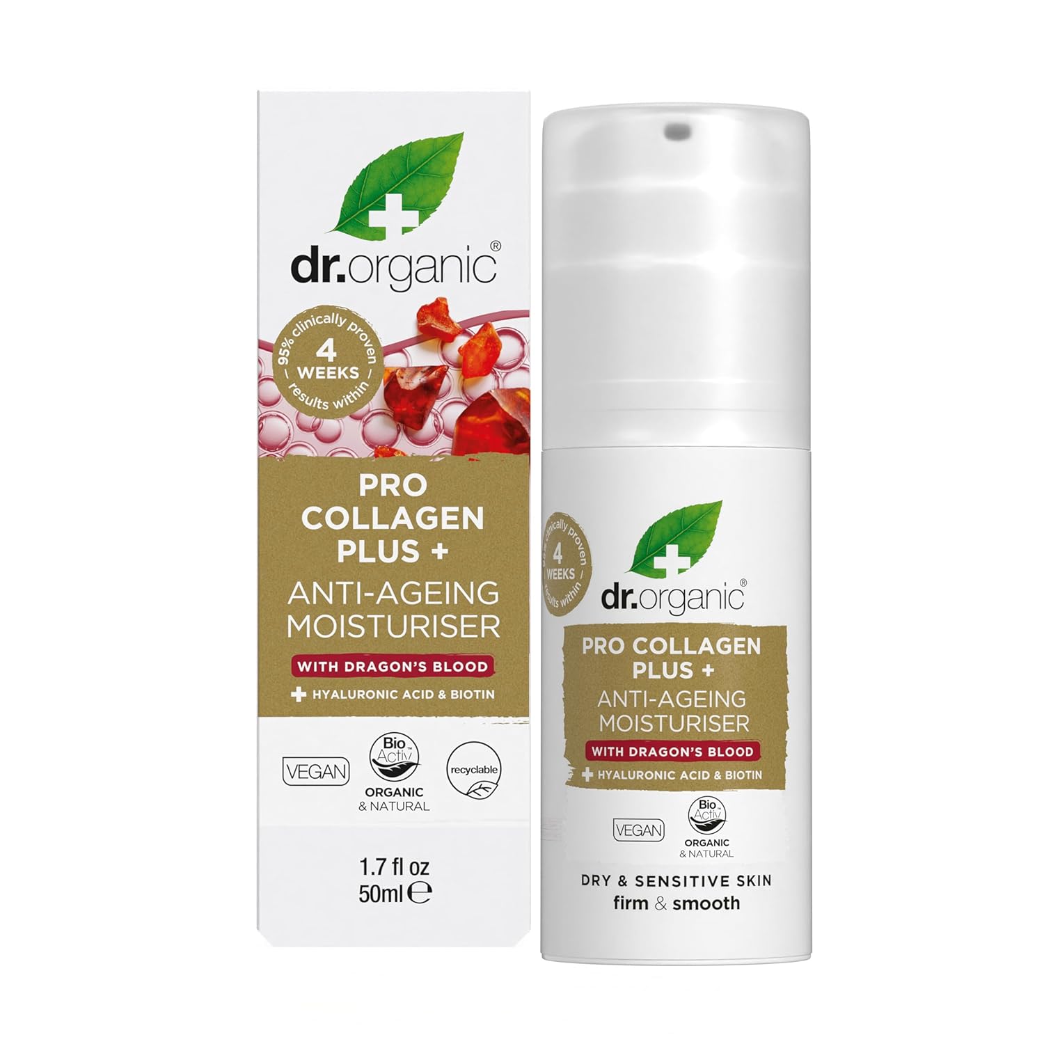 Dr. Organic Pro Collagen Plus + Anti-Ageing Moisturiser With Dragon’S Blood | Reduces Wrinkles, (Dry & Sensitive Skin) Natural, Certified Organic, Paraben & Sls-Free, 50 Ml / 1.7 Fl Oz