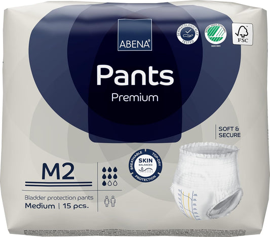 Abena Pants Premium Pull-Up Incontinence Pants, Eco-Labelled Incontinence Pants for Men & Women, Discreet, Protective, Breathable, Comfortable, Medium 2, 80-110cm Waist, 1900ml Absorbency, 15PK