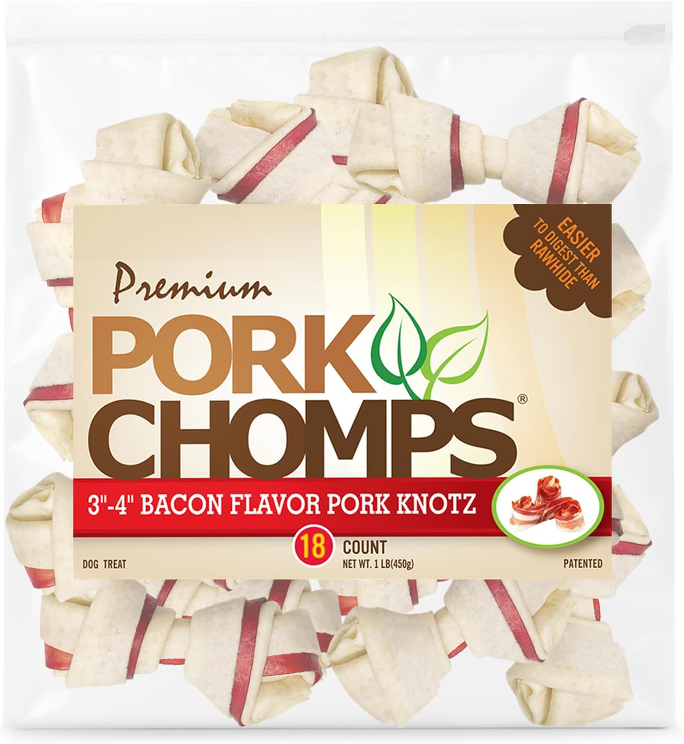 Pork Chomps Baked Pork Skin Dog Chews, 3-Inch Knots, With Bacon Flavor Strip, 18 Count