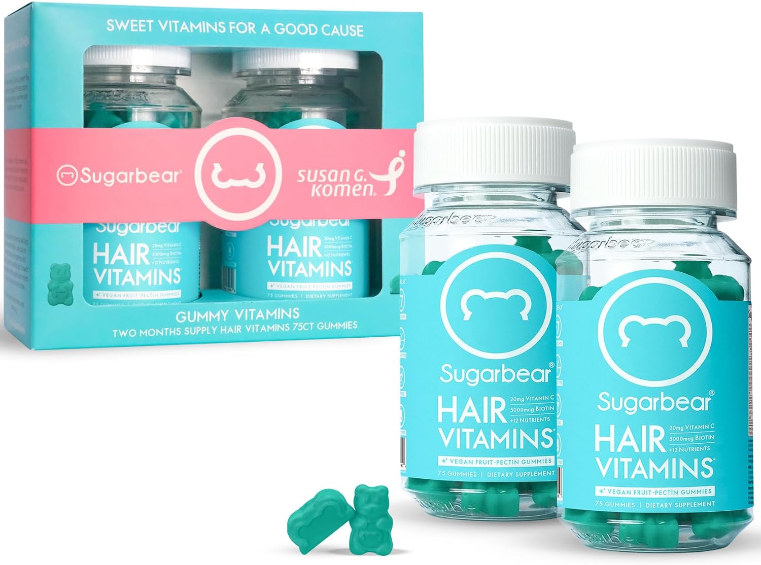 Sugarbear Hair Vegan Vitamin Gummies for Luscious Hair with Biotin, Vitamin C, B12, Iodine, Folic Acid, Inositol - Hair and Nails Supplement for Women & Men, Susan G. Komen Set (75 Count (Pack of 2))