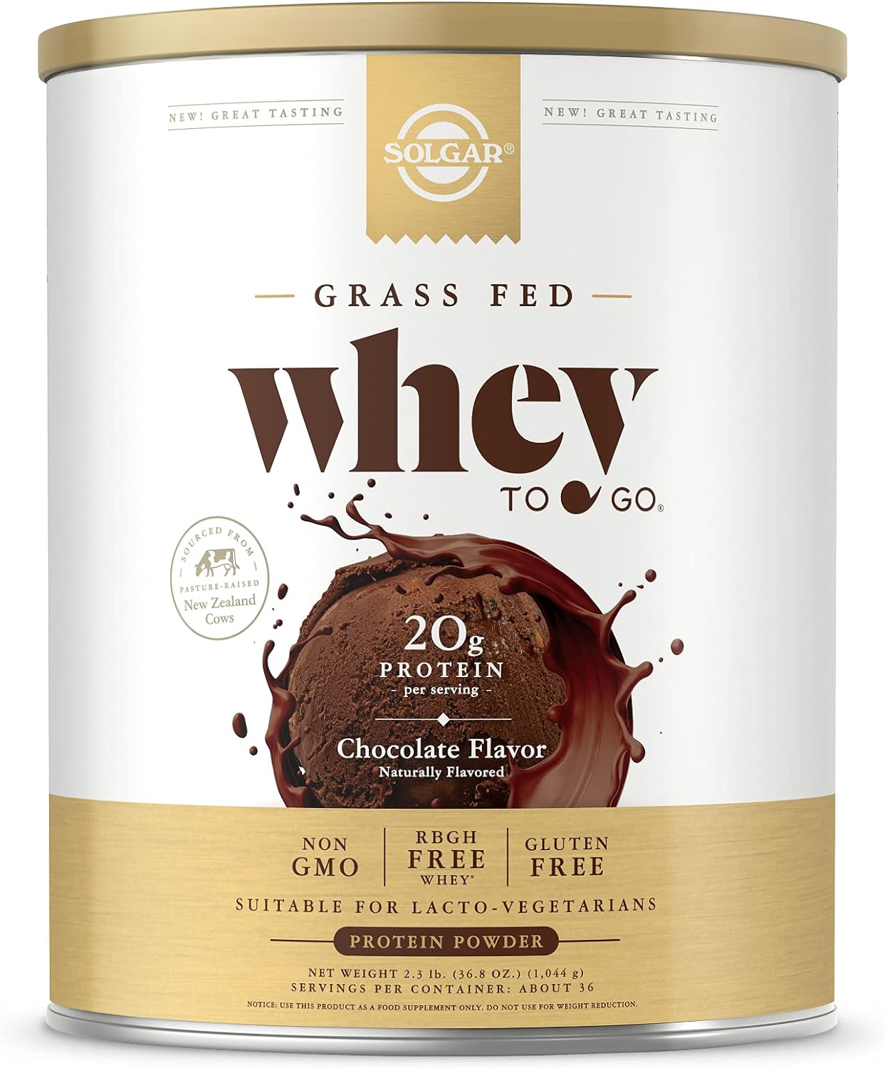 Solgar Grass Fed Whey To Go Protein Powder Chocolate, 2.3  - 20G Of Grass-Fed Protein From New Zealand Cows - Great Tasting & Mixes Easily - Supports Strength & Recovery - Non-Gmo, 36 Servings