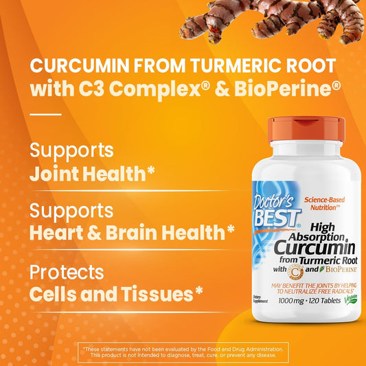 Doctor's Best Curcumin From Turmeric Root with C3 Complex & BioPerine, Non-GMO, Gluten Free, Soy Free, Joint Support, 1000 mg, 120 Tablets