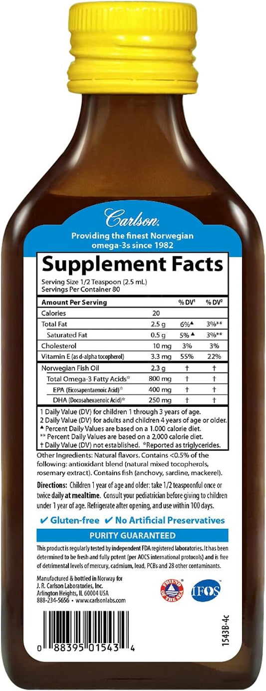Carlson - Kid's The Very Finest Fish Oil Liquid, 800 mg Omega-3s, Norw