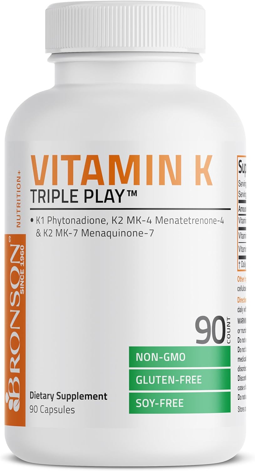 Bronson Vitamin K Triple Play (Vitamin K2 MK7 / Vitamin K2 MK4 / Vitamin K1) Full Spectrum Complex Vitamin K Supplement, 90 Capsules : Health & Household