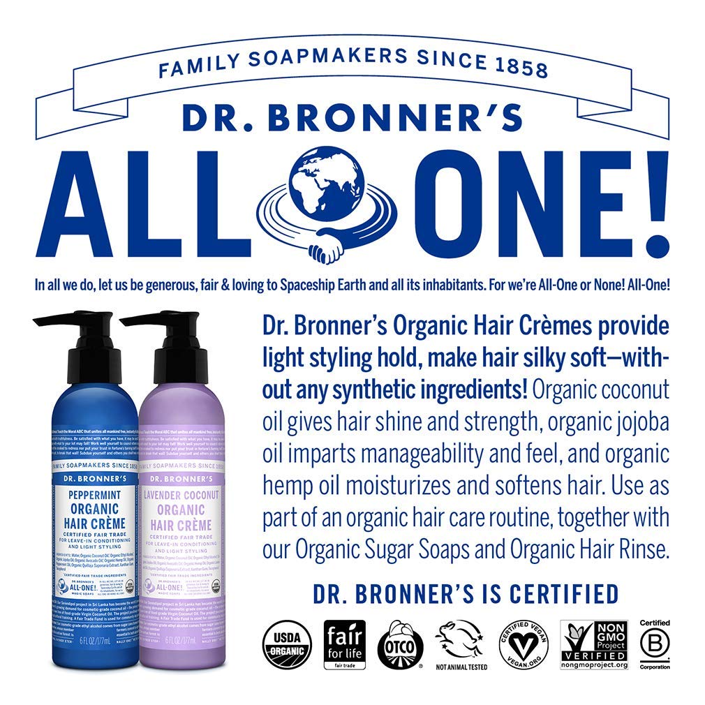 Dr. Bronner's - Organic Hair Crème (6 oz Variety Pack) Lavender Coconut & Peppermint - Leave-In Conditioner and Styling Cream, Made with Organic Oils, Hair Cream Supports Shine and Strength, Nourishes Scalp, Non-GMO | 2 Count : Beauty & Personal Care