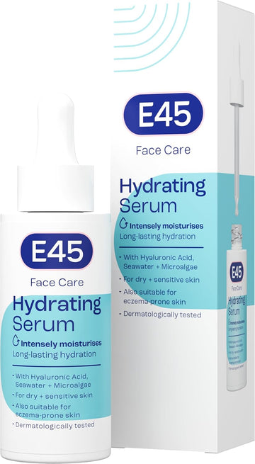 E45 Face Hydrating Serum - Instant 48-Hour Hyaluronic Acid Formula For Dry, Sensitive & Eczema Prone Skin - Rehydrating & Reinvigorating Serum – Perfume Free - Dermatologically Tested - 30Ml