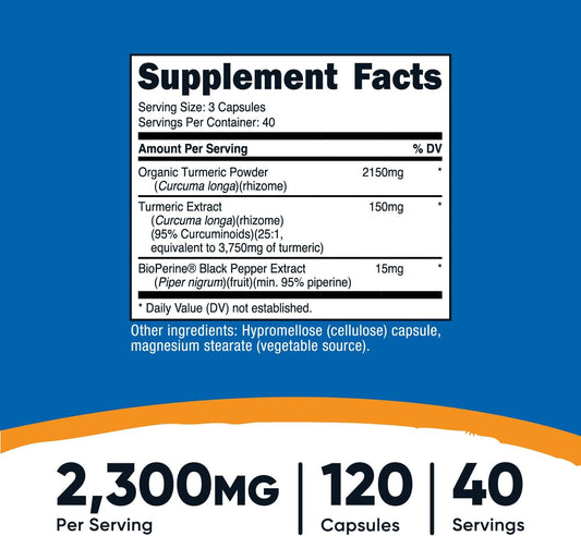 Nutricost Turmeric Curcumin With Bioperine And 95% Curcuminoids, 2300Mg, 120 Capsules, Veggie Capsules, 767Mg Per Cap, 40 Servings, Gluten Free, Non-Gmo