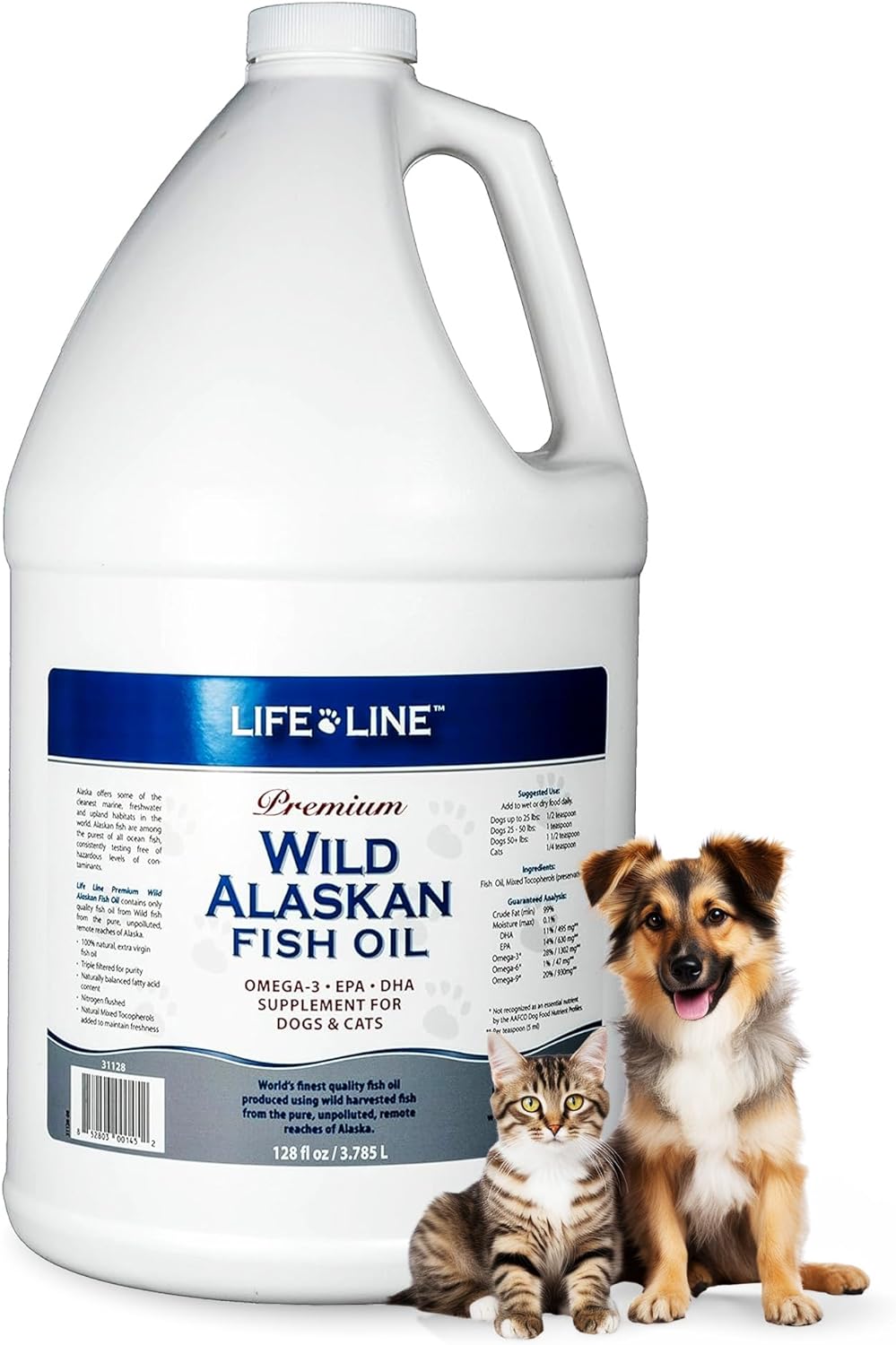 Life Line Pet Nutrition Wild Alaskan Fish Oil Omega-3 Supplement for Skin & Coat – Supports Brain, Eye & Heart Health in Dogs & Cats, 128oz