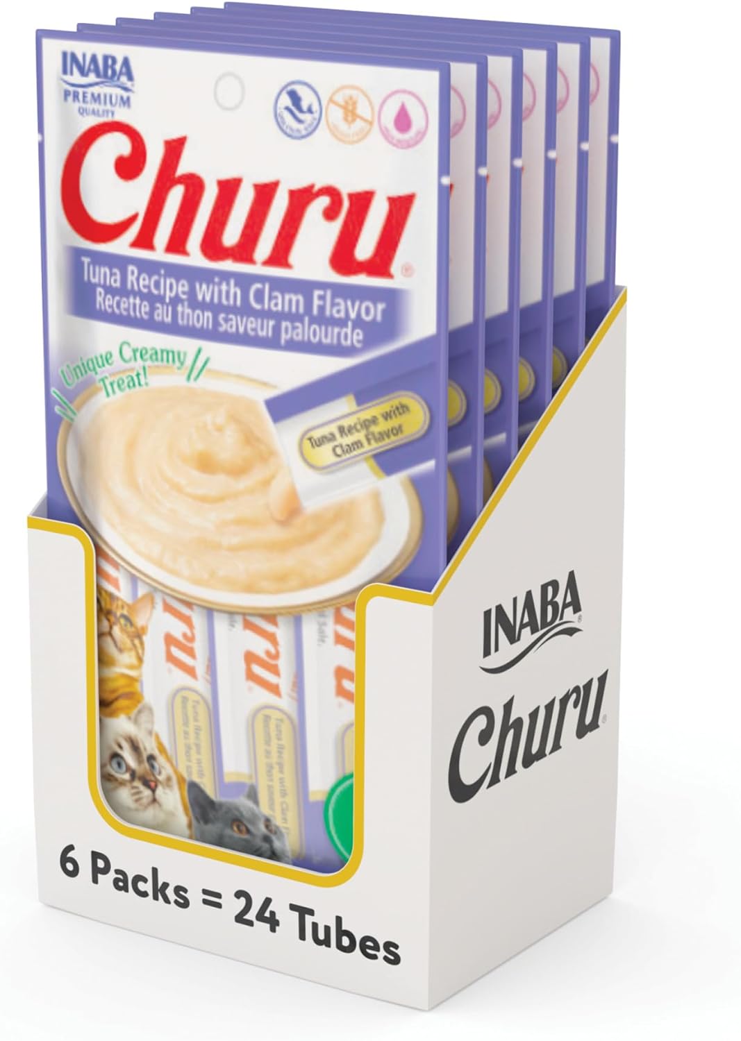 INABA Churu Cat Treats, Grain-Free, Lickable, Squeezable Creamy Purée Cat Treat/Topper with Vitamin E & Taurine, 0.5 Ounces Each Tube, 24 Tubes (4 per Pack), Tuna Recipe with Clam Flavor