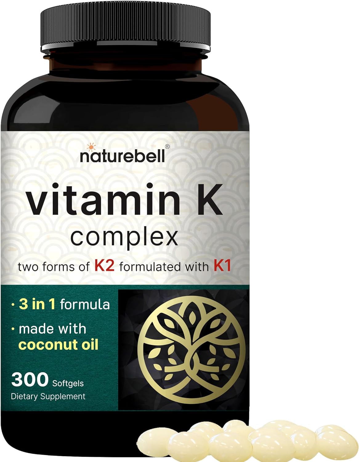 Naturebell Vitamin K Complex, K1 + K2 (Mk-7 & Mk-4) 2,600Mcg Per Serving, 300 Coconut Oil Softgels | Max Absorption – Full Spectrum K Vitamins Supplement | Heart & Bone Support | Non-Gmo