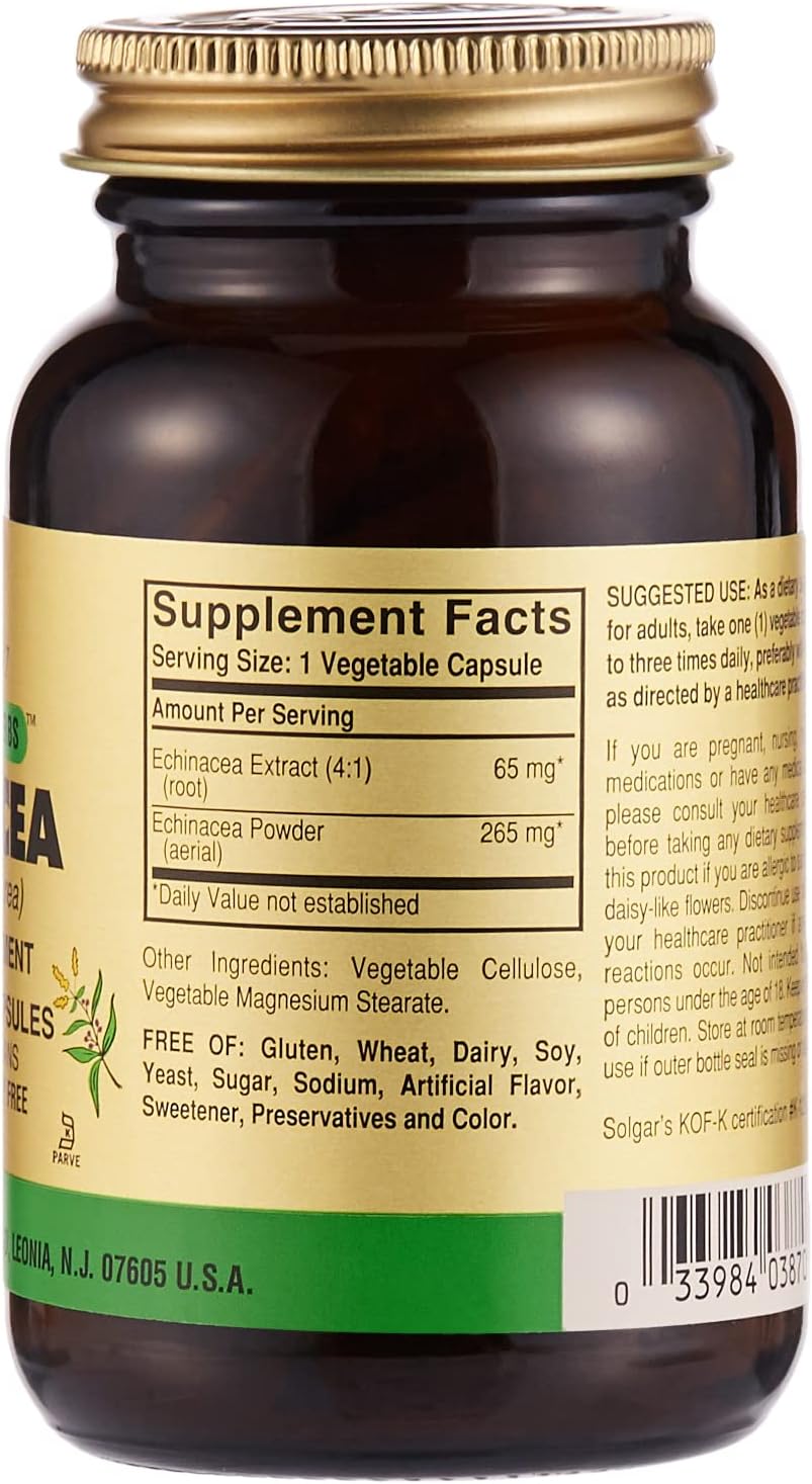 Solgar Echinacea, 100 Vegetable Capsules - Immune Support - Full Potency (FP) - Non-GMO, Gluten Free, Dairy Free, Kosher - 100 Servings