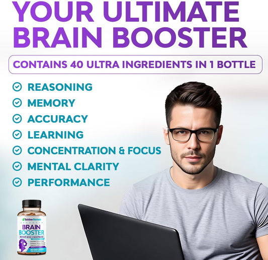 40-In-1 Brain Booster Supplements For Memory, Focus, Clarity, Energy, Performance | Natural Nootropic Brain Support Supplement With Dmae, Bacopa Monnieri & More | For Men & Women | 120 V Capsules