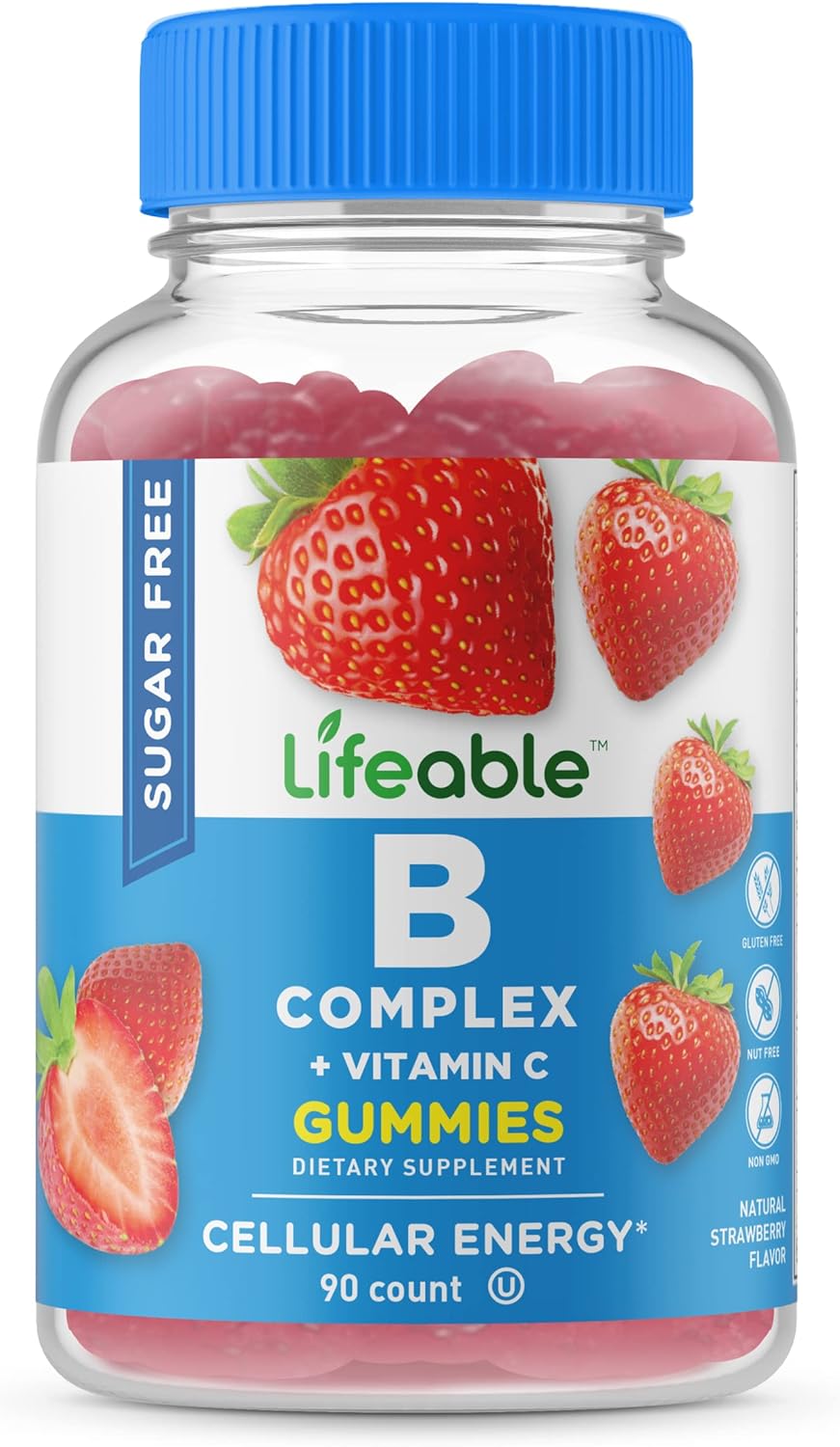 Lifeable Sugar Free Vitamin B Complex with Vitamin C - Great Tasting Natural Flavor Gummy Supplement - with Niacin, Vitamin C, Pantothenic Acid, B6, Folate, Biotin, B12 - Energy Support - 90 Gummies