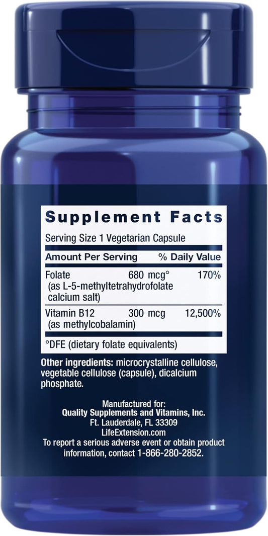 Life Extension Bioactive Folate & Vitamin B12, Promotes Heart, Brain & Gi Tract Health, Non-Gmo, Gluten-Free, Vegetarian, 90 Capsules