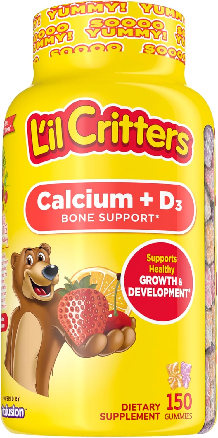 L?il Critters Calcium + D3 Daily Gummy Supplement for Kids, for Bone Support, Orange, Strawberry and Cherry Flavors, 150 Gummies