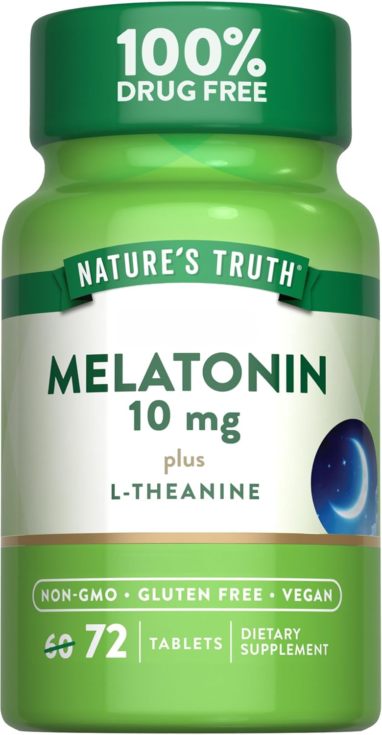 Melatonin 10 Mg + L-Theanine | 72 Tablets | Maximum Strength | Vegetarian, Non-Gmo, Gluten Free | By Nature'S Truth