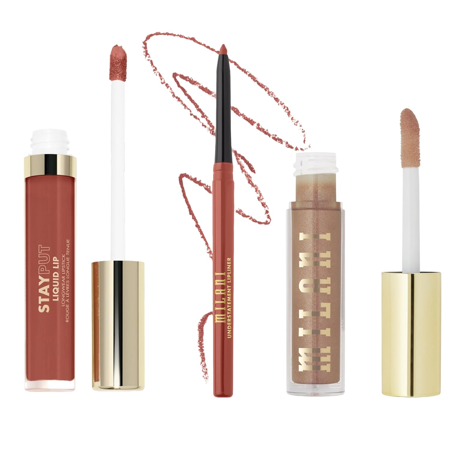 Milani Stay Put Longwear Liquid Lipstick Vibe + Understatement Lipliner Pencil - Highly Pigmented Retractable Soft Lip Liner Pencil + Keep It Full Nourishing Lip Plumper - Nude Shimmer