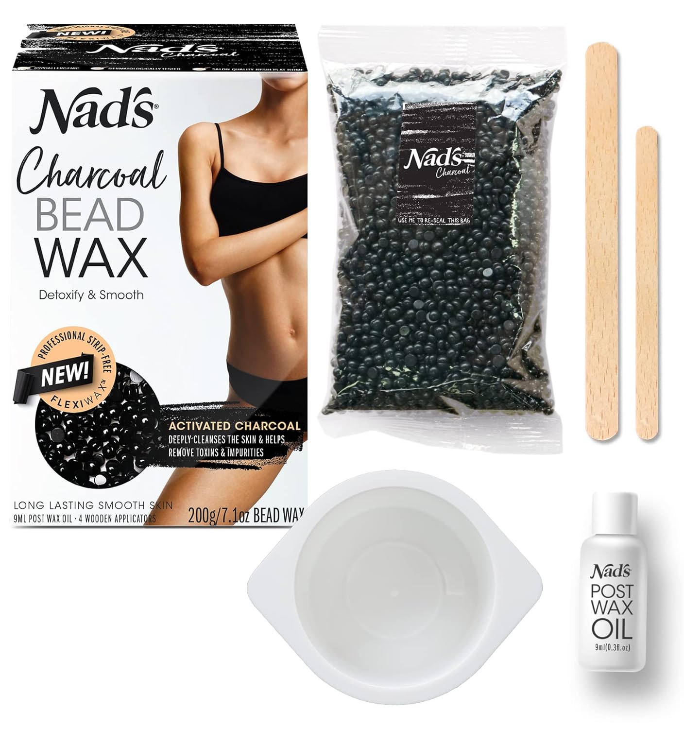 Nad'S Hard Wax Beans Activated Charcoal Waxing Kit, Wax Beads Hair Removal For Women, 1 Count