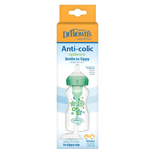 Dr. Brown'S Natural Flow® Anti-Colic Options+™ Wide-Neck Sippy Bottle Starter Kit, 9Oz/270Ml, With Level 3 Medium-Fast Flow Nipple And 100% Silicone Soft Sippy Spout, Green, 6M+