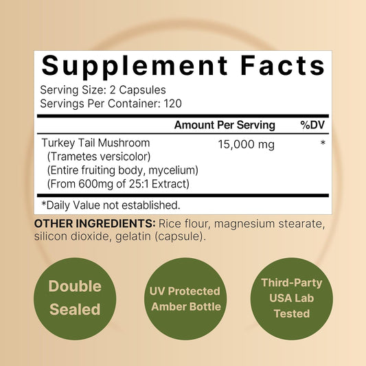 Naturebell Turkey Tail Mushroom Capsules | 25:1 Fruiting Body & Mycelium Extract – Immune & Brain Health Mushrooms Supplement