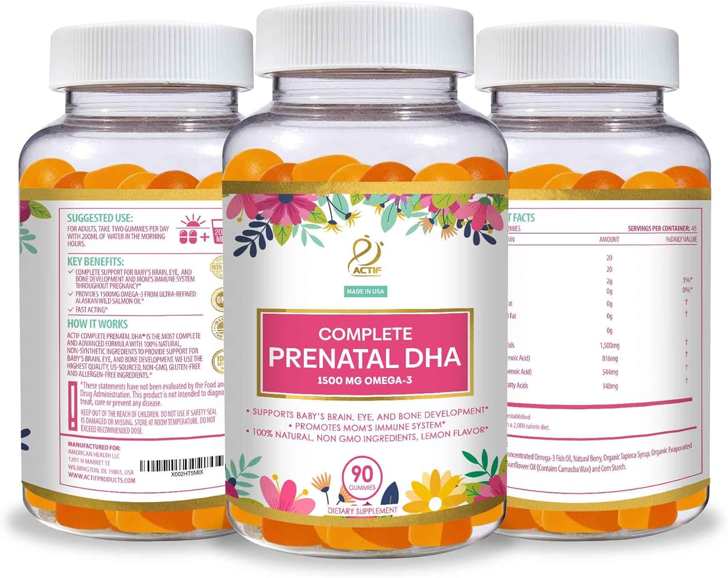 Actif Complete Prenatal DHA with 1500mg Omega-3, 100% Natural, Organic DHA, EPA, Omega 3 - Non-GMO, 90 Gummies : Health & Household