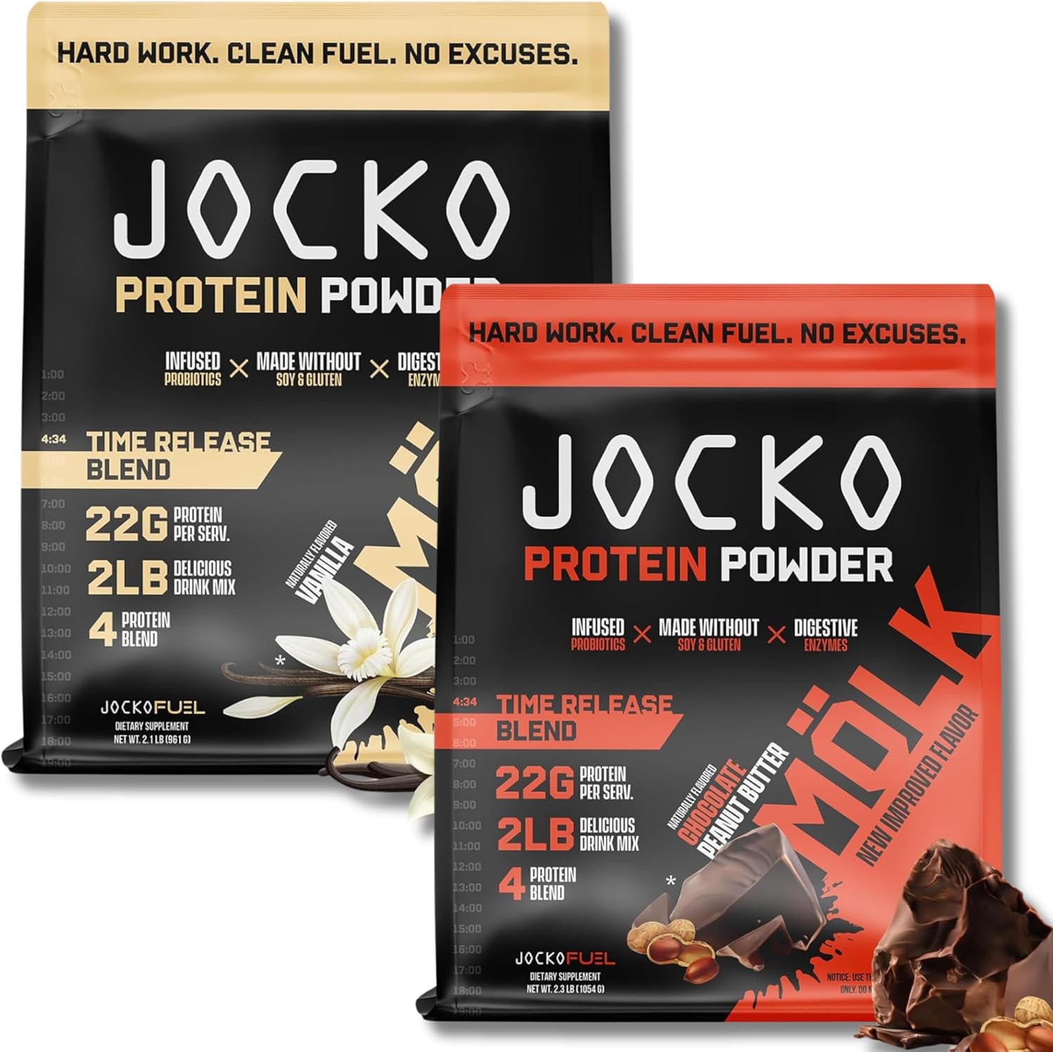 Jocko Fuel Protein Bundle (2 Pack) - Chocolate Peanut Butter (2Lb) + Vanilla (2Lb) - Supports Muscle Recovery & Growth