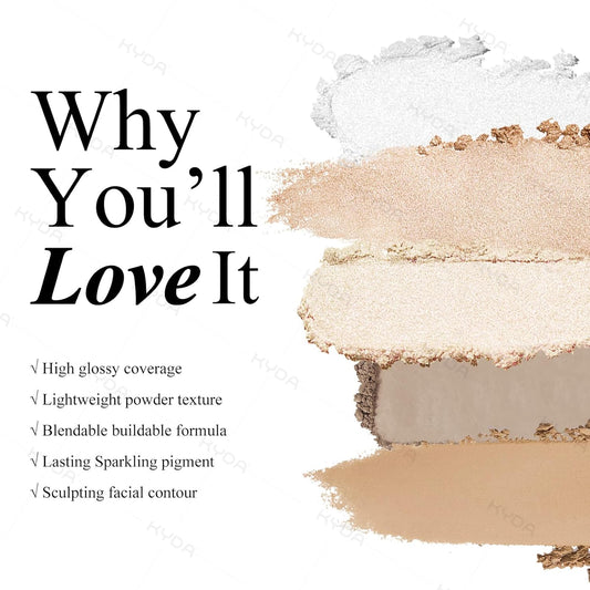 Kyda Face Highlighter Palette, High Glossy Face Illuminator Palette, Natural Glow Finish, Pearl Shimmer Smooth Baked Powder, Lasting Sparkling Highlighter Makeup-Dawn Glow