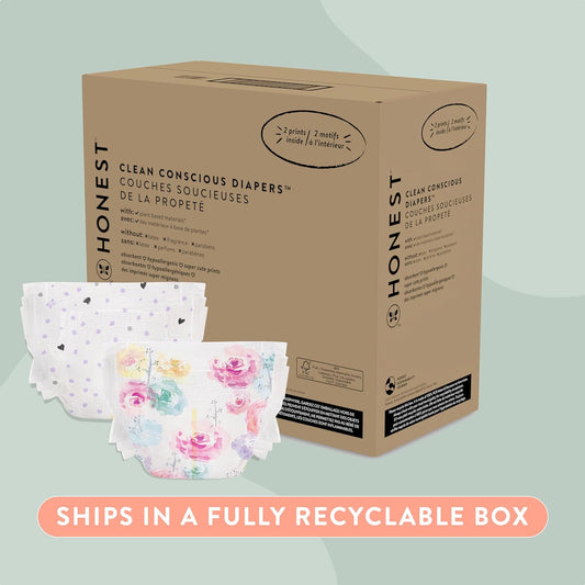 The Honest Company Clean Conscious Diapers | Plant-Based, Sustainable | Young At Heart + Rose Blossom | Super Club Box, Size 2 (12-18 Lbs), 124 Count