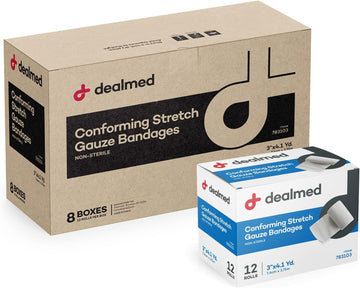 Dealmed 3" Non-Sterile Conforming Stretch Gauze Bandages, 4.1 Yards Latex Free Stretched Dressing Wrap, Medical Non-Adherent Wound Care Mesh Bandages (Case Of 96 Rolls)